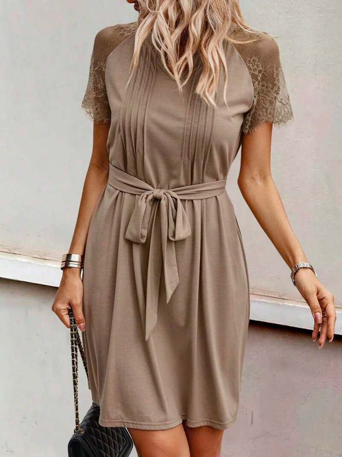Loose Lace Elegant Contrast Lace Raglan Sleeve Belted Dress