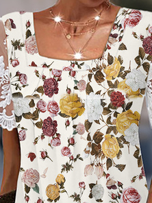 Country Casual/Pastoral Floral Design Square Neck Knit Dress