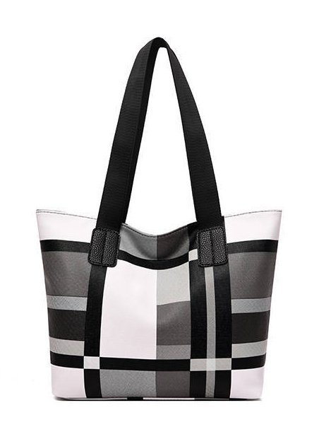 Casual Leather Contrast Check Tote Shoulder Bag Daily Urban