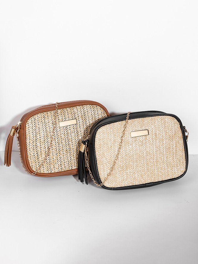 Urban Casual Leather Stitching Straw Women Messenger Bag