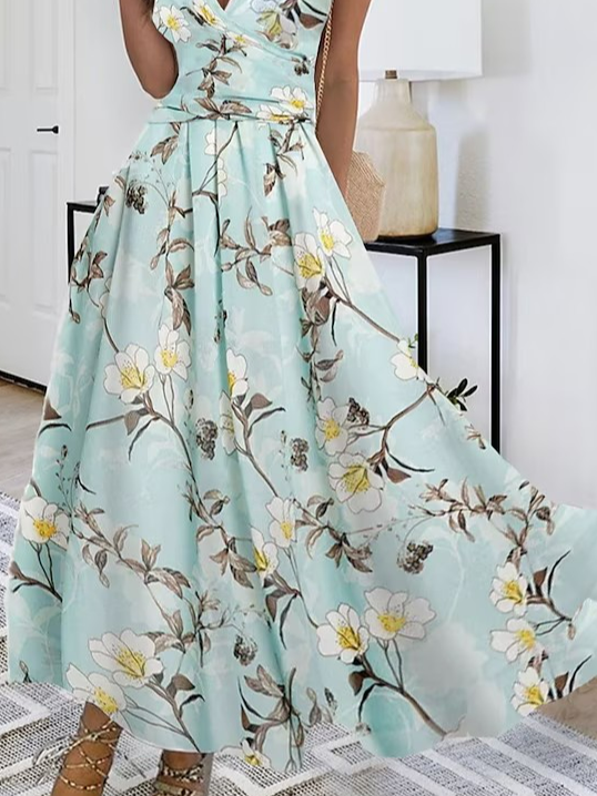 Elegant Loose Floral V Neck Dress