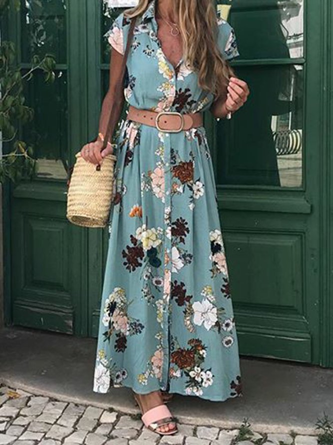 Shirt Collar Women Weaving Dress Shift Daily Cotton-Blend Floral Weaving Dress