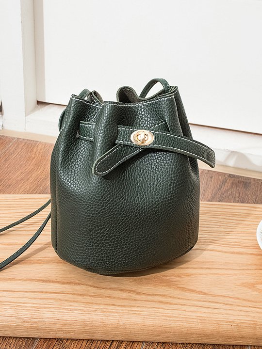 Urban Casual Leather Imitation Drawstring Twist Lock Bucket Bag Messenger Bag Women