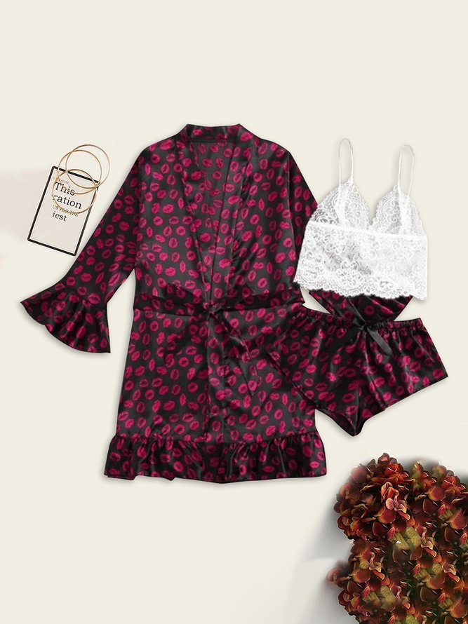Lace Floral Pajamas Three-Piece Set