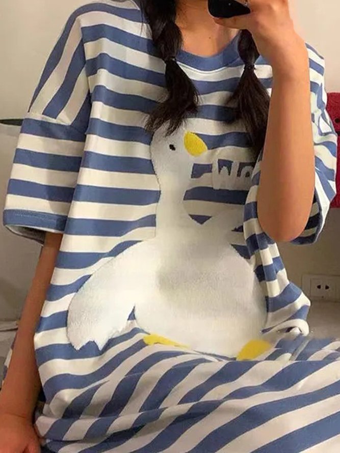Breathable Comfortable Blue&White Striped Animal Pattern Loose Nightdress