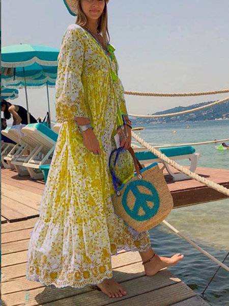 Cotton-Blend Holiday V Neck Weaving Dress