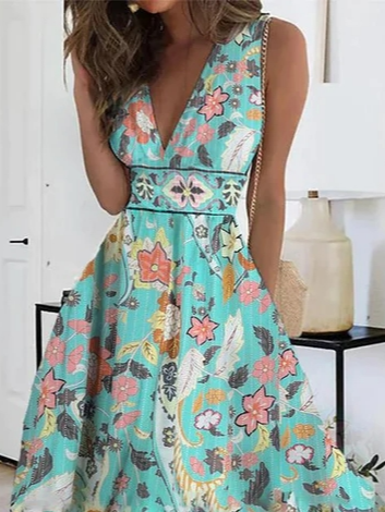 V Neck Loose Vintage Ethnic Dress