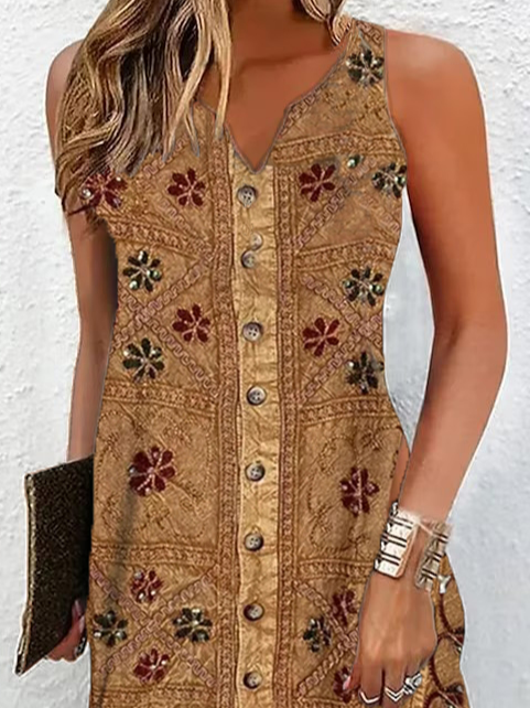 Loose Ethnic Vintage V Neck Dress