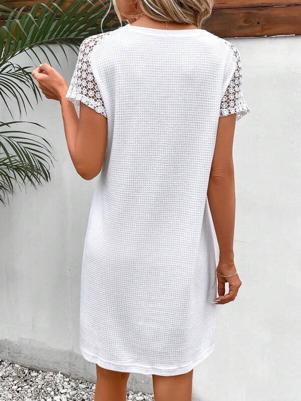 Waffle Lace Sleeve Casual Loose Plain Dress
