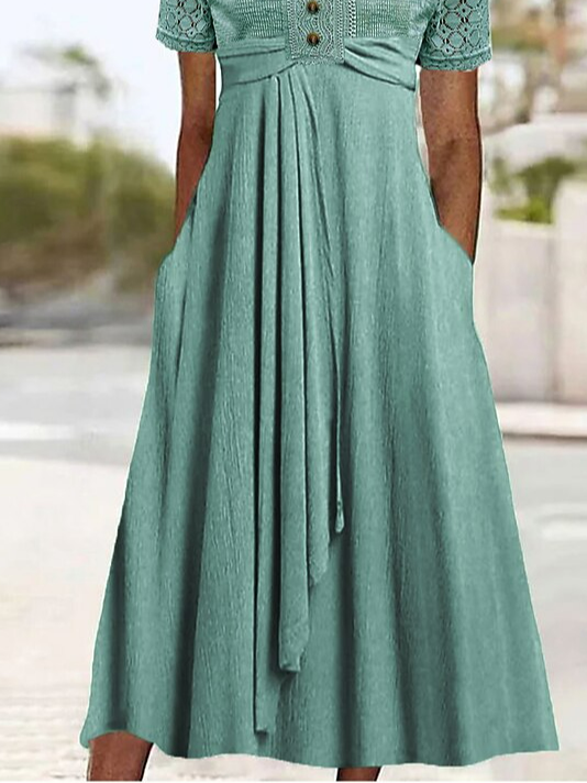 Casual Loose V Neck Lace Plain Dress