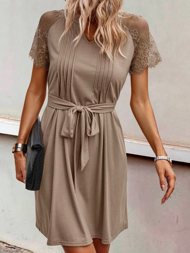 Loose Lace Elegant Contrast Lace Raglan Sleeve Belted Dress