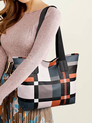 Casual Leather Contrast Check Tote Shoulder Bag Daily Urban
