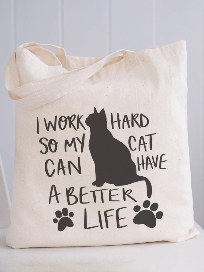 “I Work Hard” Alphabet Cat Pattern Canvas Shoulder Bag Daily Casual Women Large Capacity