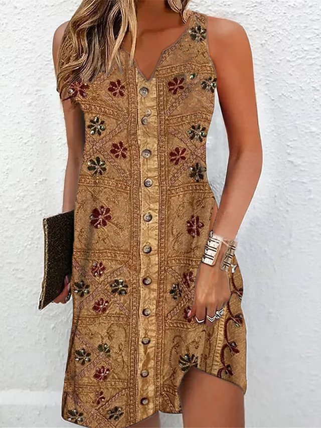 Loose Ethnic Vintage V Neck Dress
