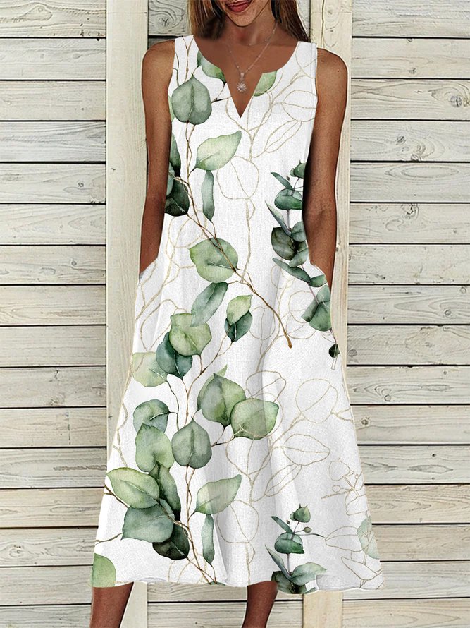 Leaf Loose Casual V Neck Dress