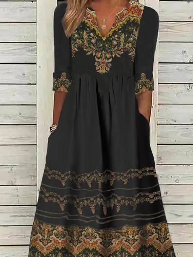 V Neck Ethnic Jersey Casual Dress
