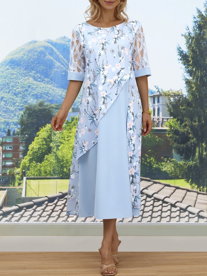 Loose Floral Crew Neck Casual Dress