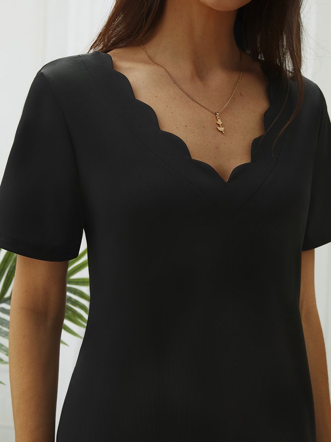 Elegant Black Wavy Neckline Cutout Hem Short Sleeve Knit Dress