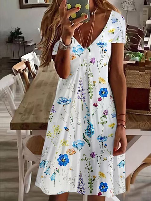 V Neck Casual Floral Cotton Dress