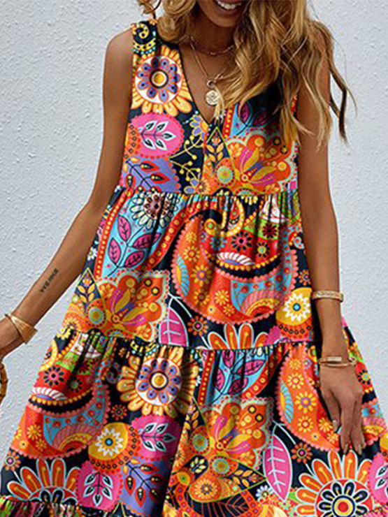 Loose Floral Casual V Neck Dress