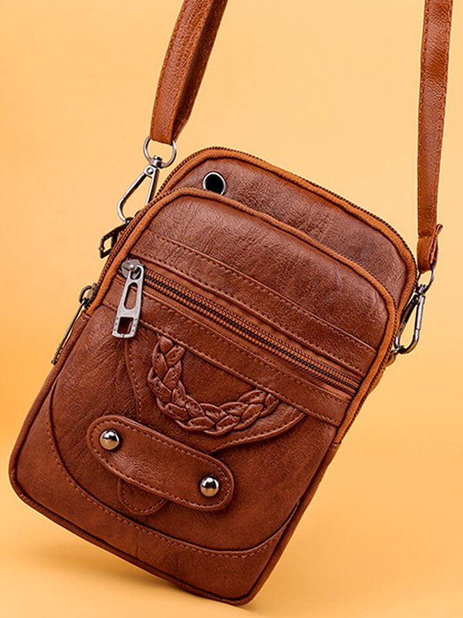 Antique Soft Leather Zip Multi Pocket One Shoulder Crossbody Bag
