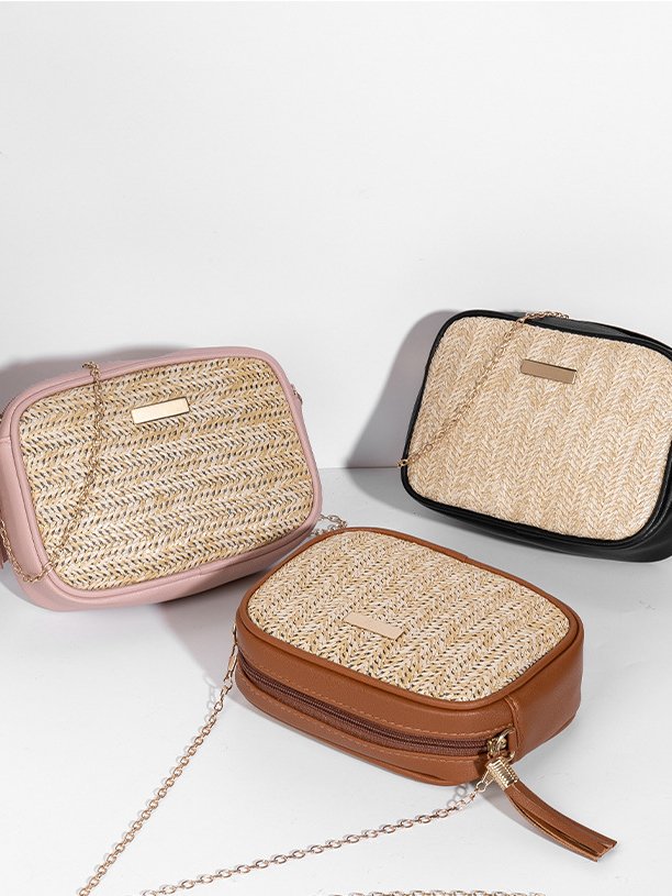 Urban Casual Leather Stitching Straw Women Messenger Bag