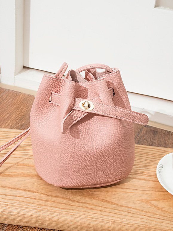Urban Casual Leather Imitation Drawstring Twist Lock Bucket Bag Messenger Bag Women