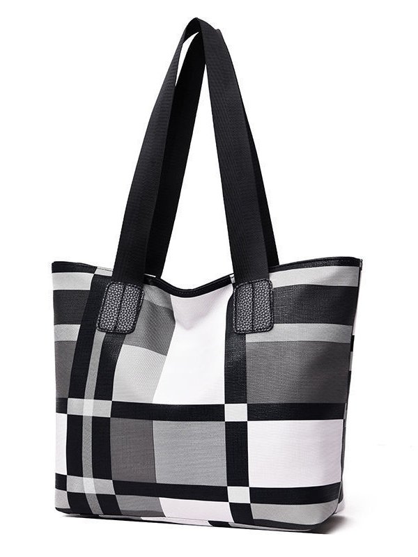 Casual Leather Contrast Check Tote Shoulder Bag Daily Urban