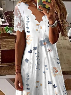 V Neck Floral Casual Lace Dress