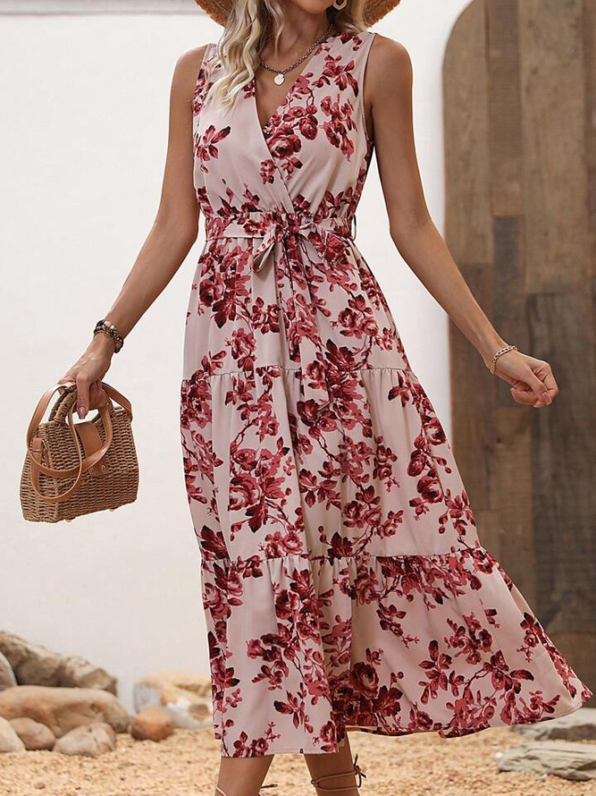 Loose Floral Casual Lace-Up Dress