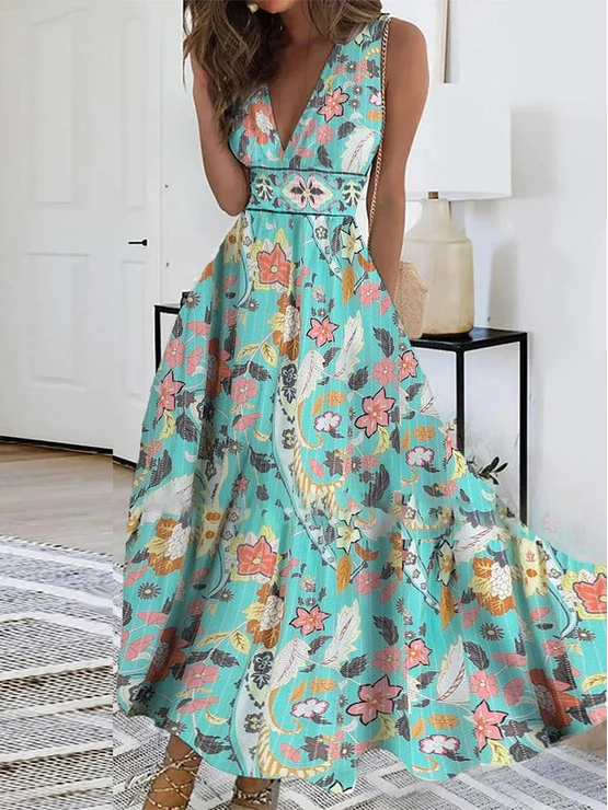 V Neck Loose Vintage Ethnic Dress