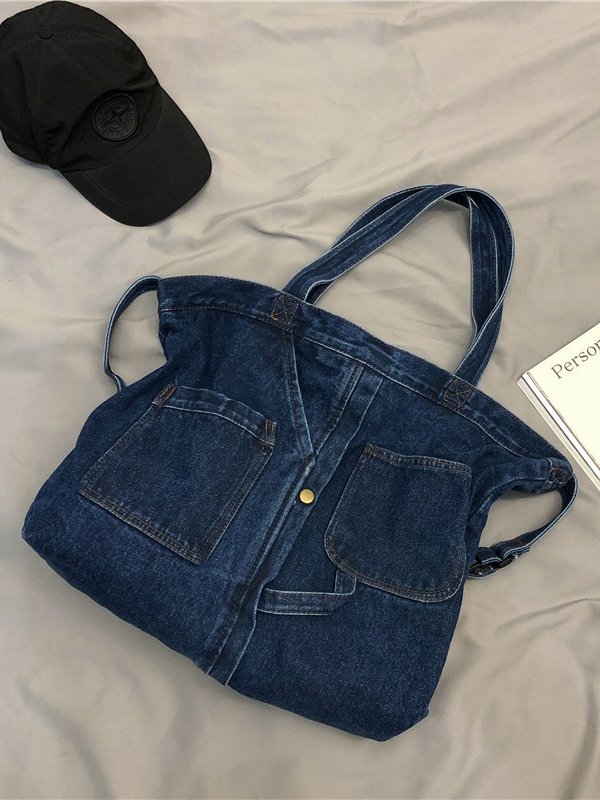 Casual Plain Denim Distressed Multi-Pocket Tote Shoulder Bag Everyday Urban