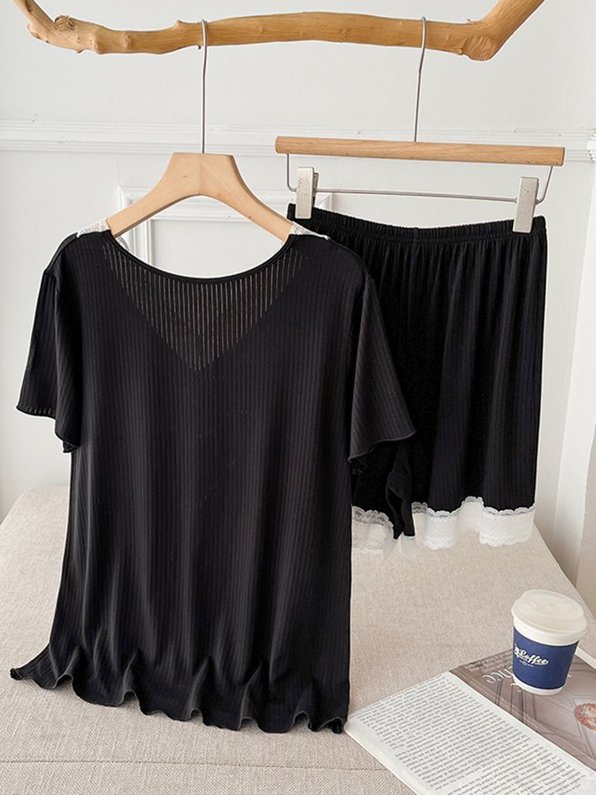 V Neck Lace Casual Homewear Set