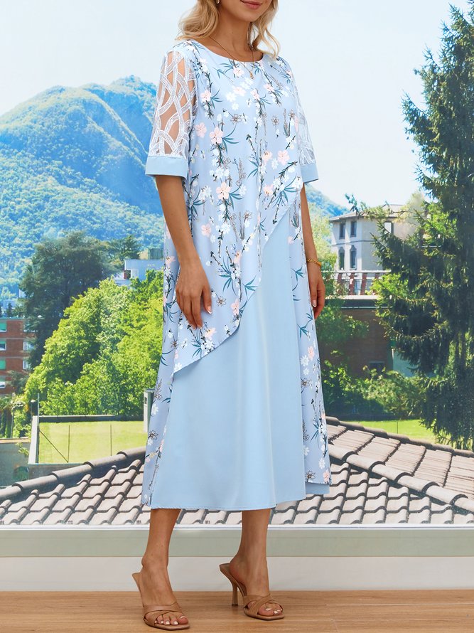 Loose Floral Crew Neck Casual Dress