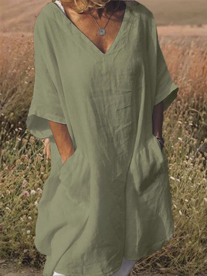 Plus Size Casual V Neck Half Sleeve Pockets Dresses
