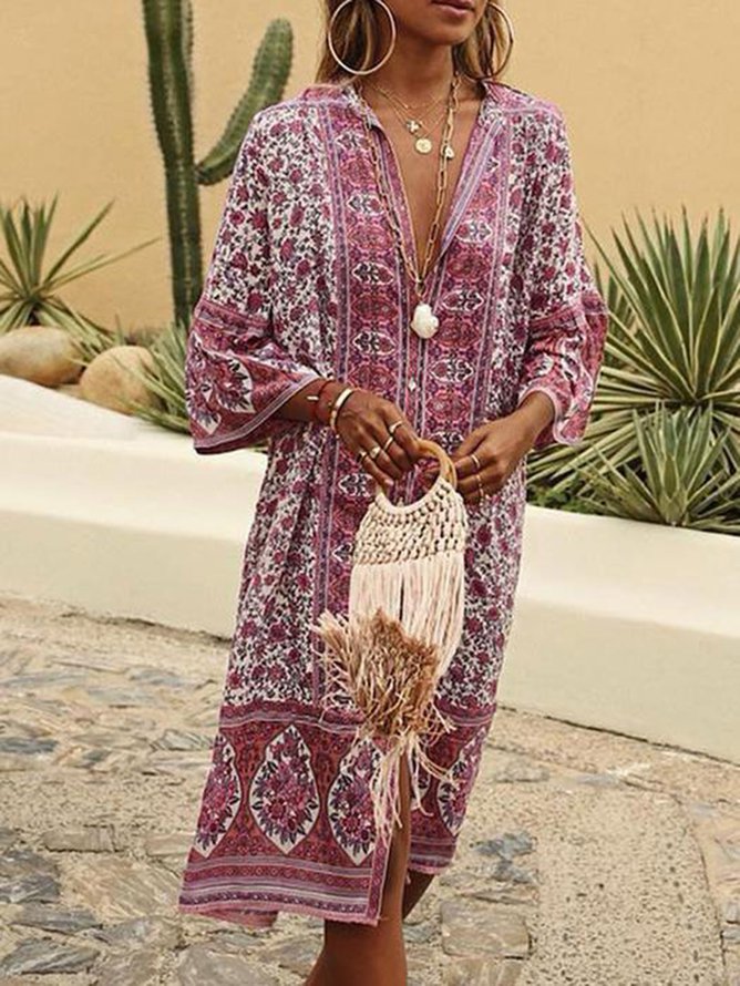 V Neck Women Summer Weaving Dress Shift Floral-Print Floral Weaving Dress