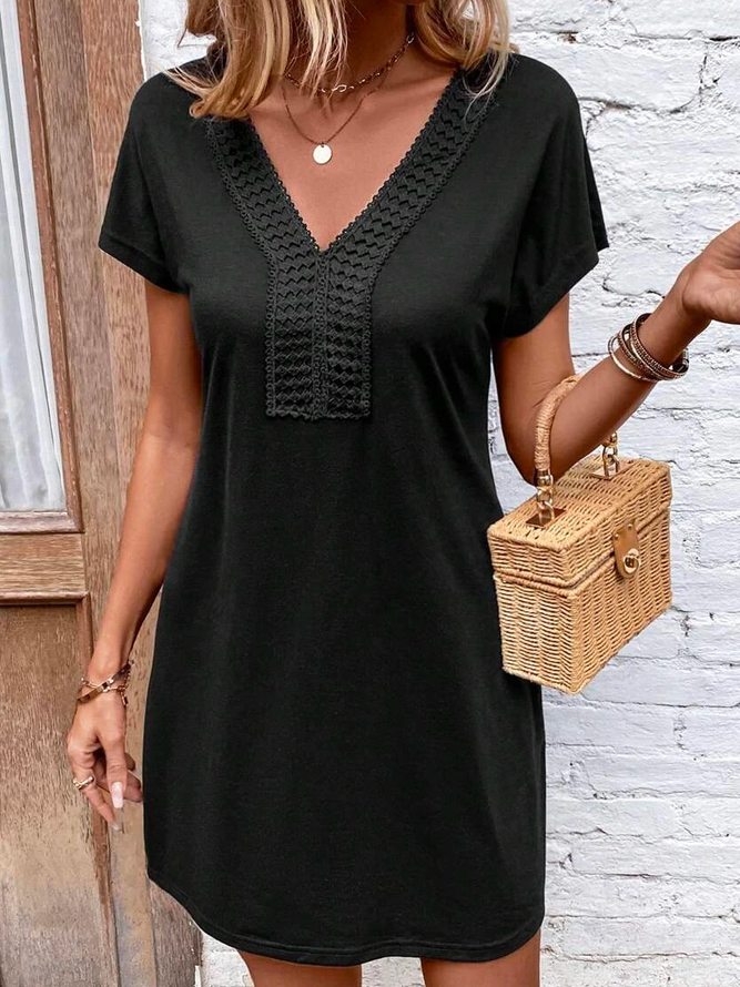 Plain Lace Elegant Guipure Lace Panel Batwing Sleeve Tee Dress