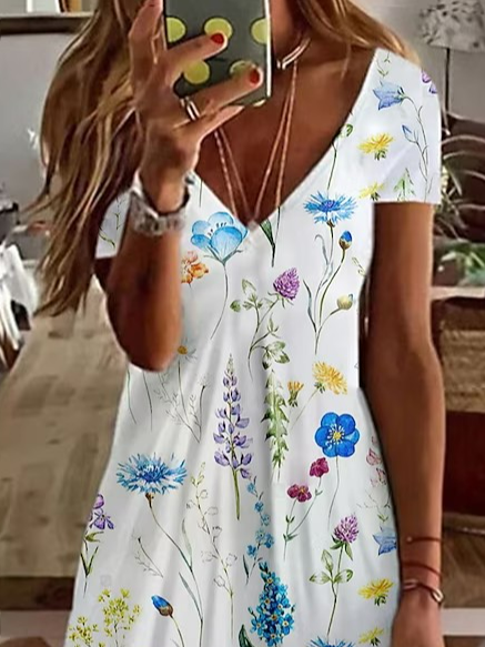 V Neck Casual Floral Cotton Dress