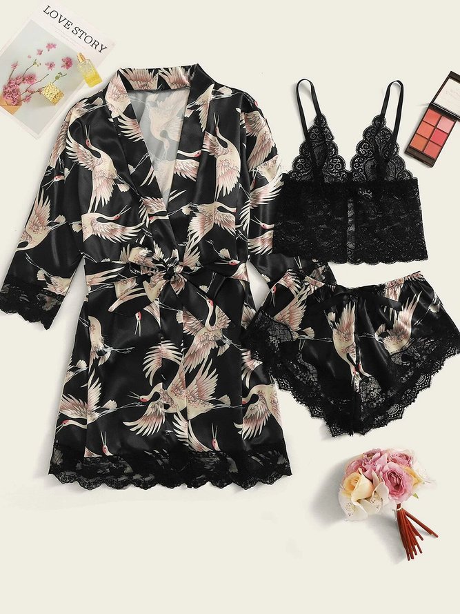 Lace Floral Pajamas Three-Piece Set