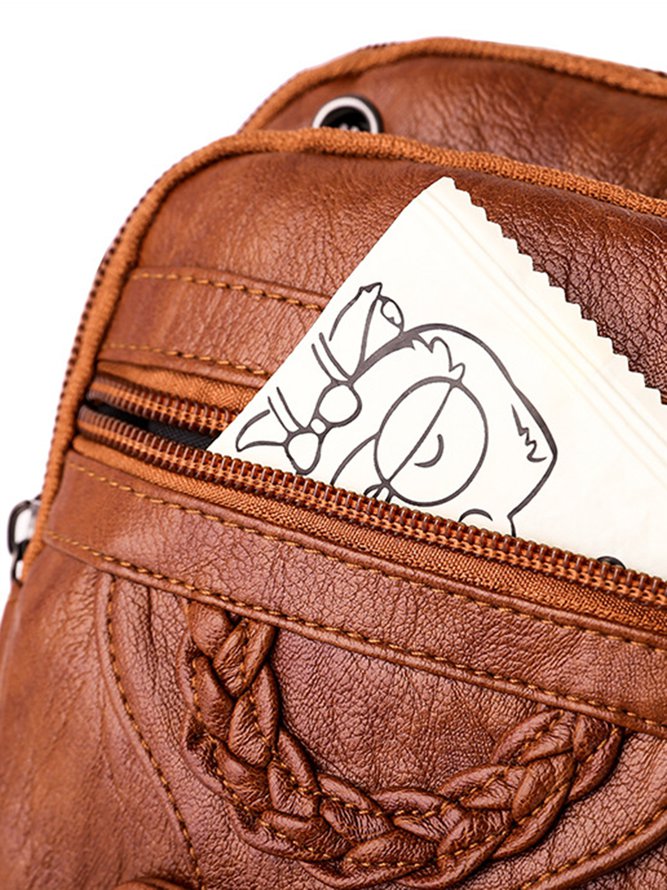 Antique Soft Leather Zip Multi Pocket One Shoulder Crossbody Bag