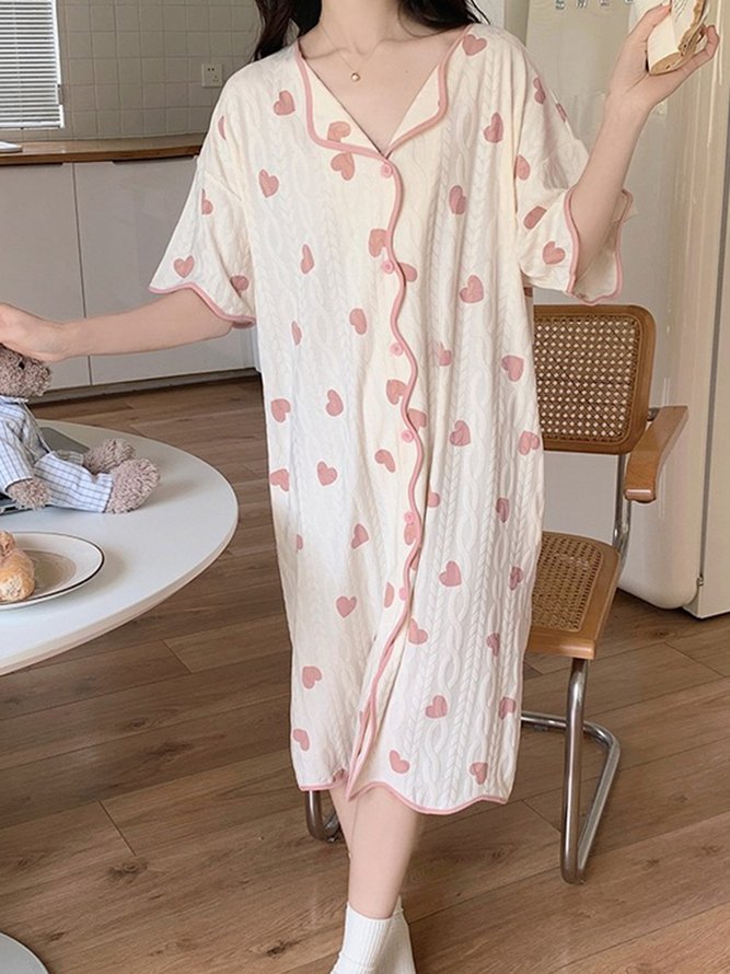 Breathable Comfortable Heart Print Texture Fabric V Neck Lapel Loose Nightdress