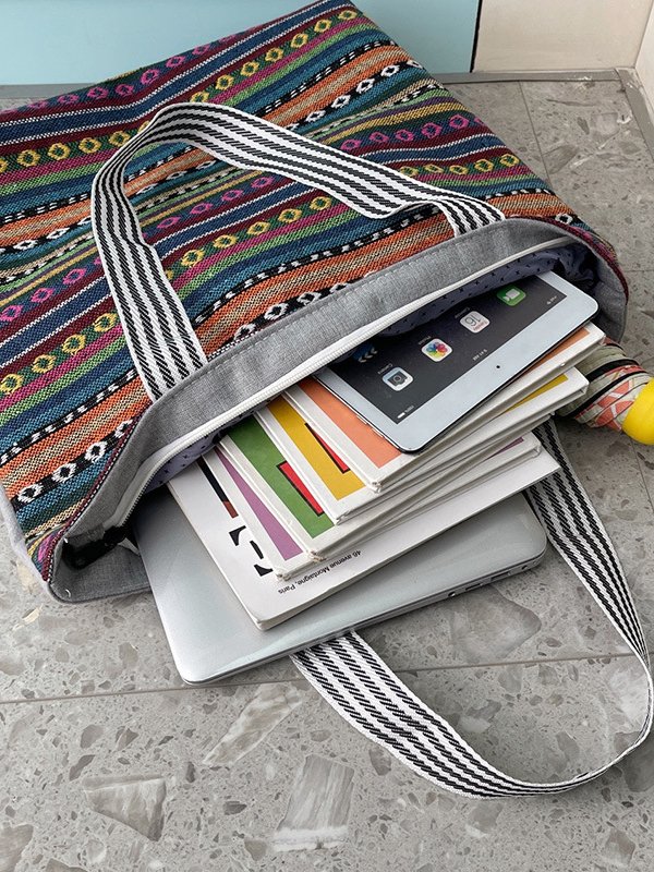Ethnic Striped Printing Nylon Women's Shoulder Tote Bag