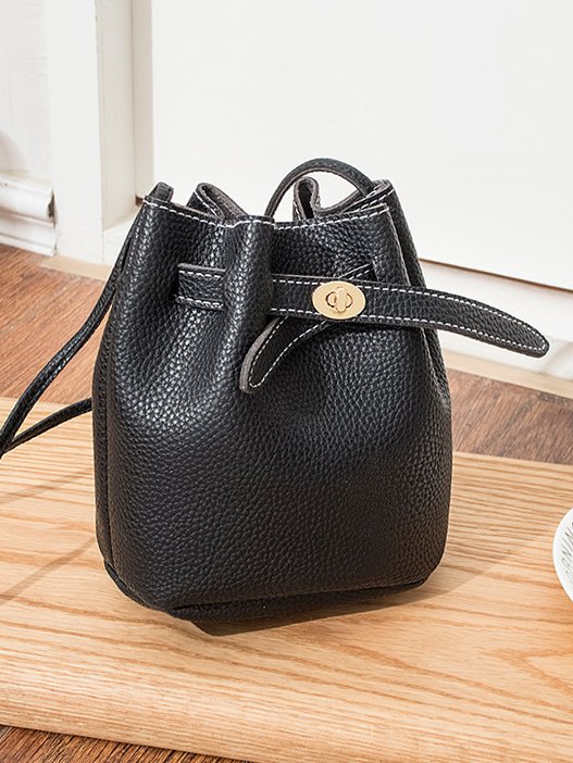 Urban Casual Leather Imitation Drawstring Twist Lock Bucket Bag Messenger Bag Women