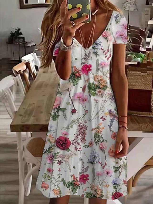 V Neck Casual Floral Loose Dress