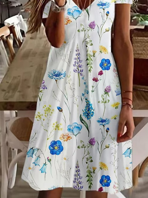 V Neck Casual Floral Cotton Dress