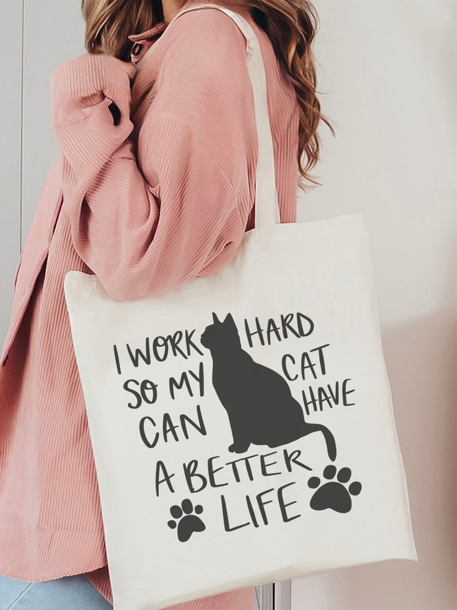 “I Work Hard” Alphabet Cat Pattern Canvas Shoulder Bag Daily Casual Women Large Capacity