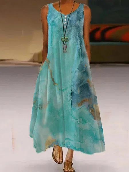 Women's Maxi Dress Sleeveless Abstract Printed Spring Summer Crew Neck Lightweight Dressy Dress