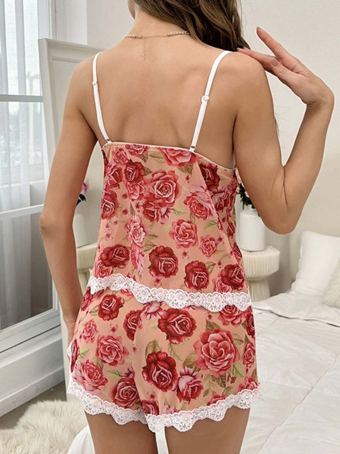 Floral Loose V Neck Elegant Pajama Set