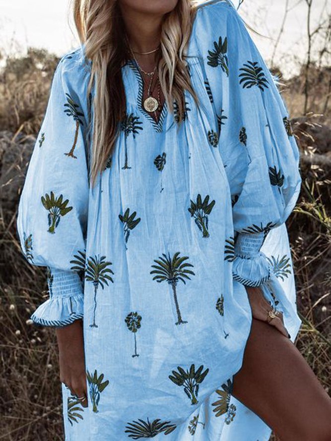 Women Casual Sundress Sexy V-neck Lantern Sleeve Floral Print Elegant Loose Bohemian Beach Dress