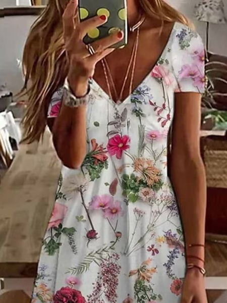V Neck Casual Floral Loose Dress